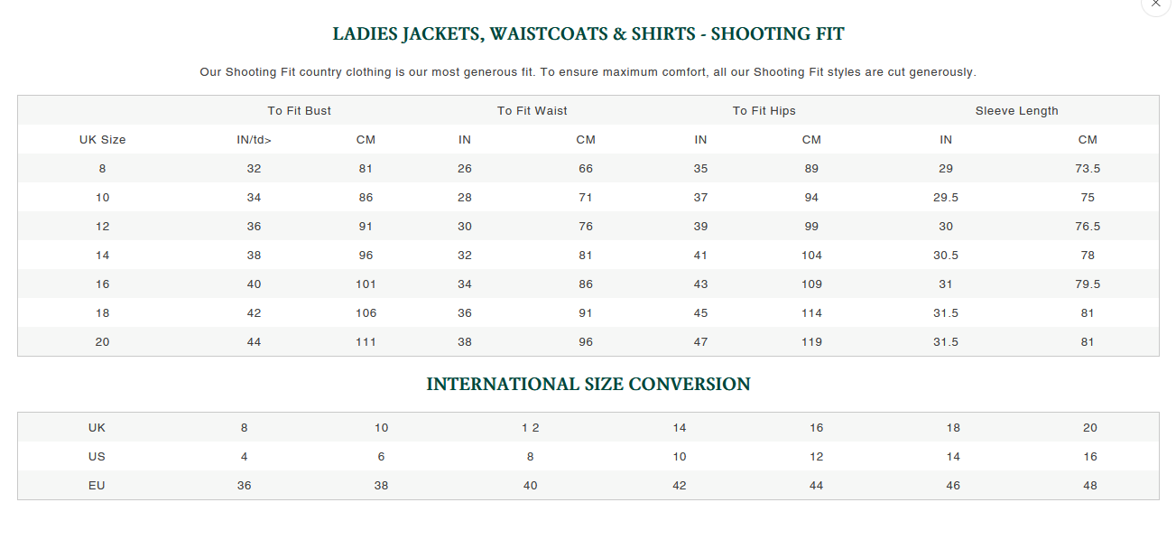 ALAN PAINE LADIES WAISTCOAT, JACKETS & SHIRTS (SHOOTING FIT) 24  Größentabelle